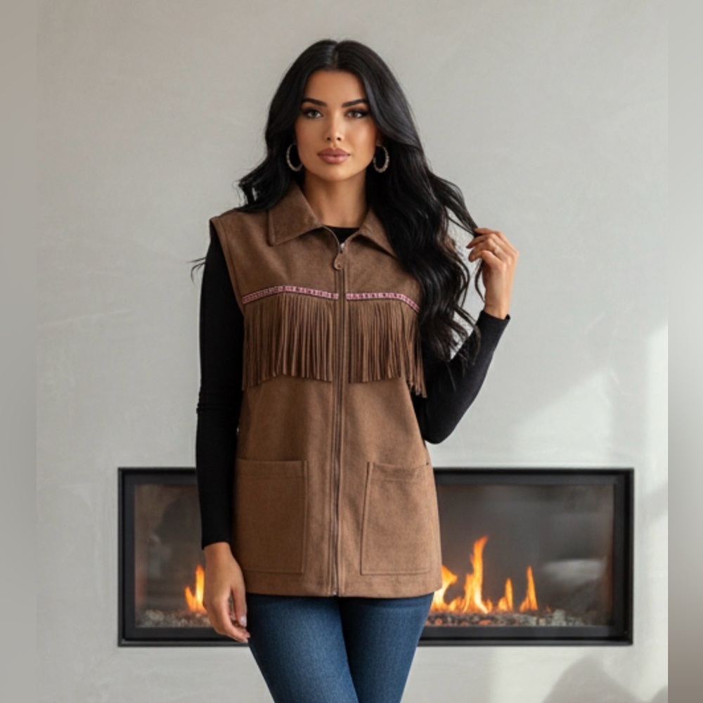 Elegant Brown Women's Vest with Fringe
